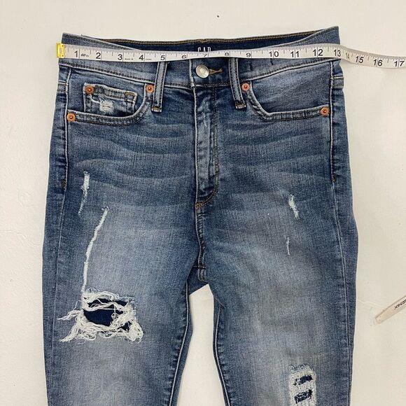 GAP high waisted rise true skinny raw hem distressed patch denim blue jeans 26 - Picture 3 of 11